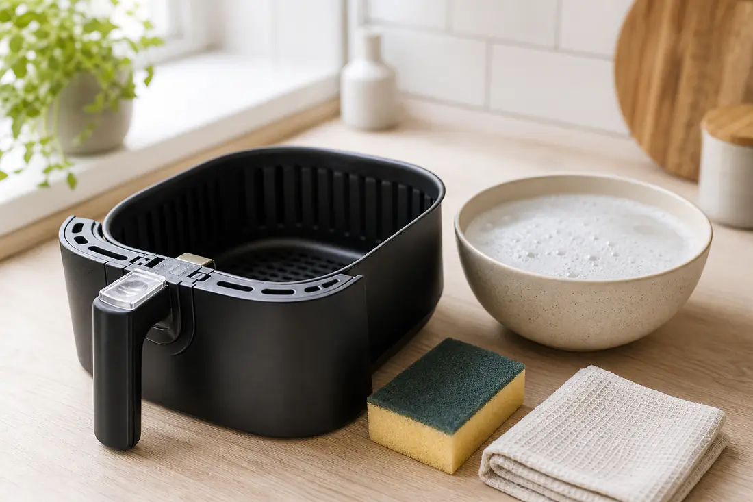 Herausgenommener Airfryer-Korb neben einer Schüssel mit Spülwasser, weichem Schwamm und sauberem Tuch