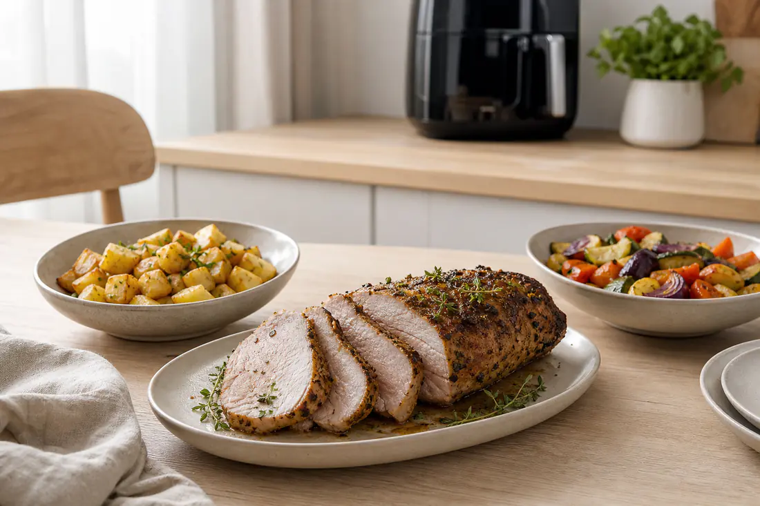 Gedeckter Tisch mit aufgeschnittenem Schweinebraten, knusprigen Kartoffelwürfeln und Röstgemüse, im Hintergrund ein Airfryer
