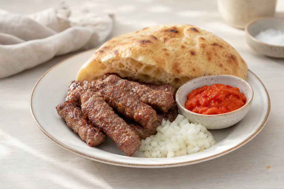 Ćevapčići mit gehackten Zwiebeln, Ajvar in einer kleinen Schale und Fladenbrot auf einem Teller