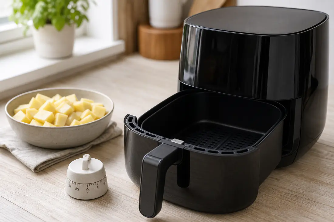 Leerer Airfryer-Korb mit geöffneter Schublade neben einer Schale mit rohen Kartoffelwürfeln und einer Küchenuhr