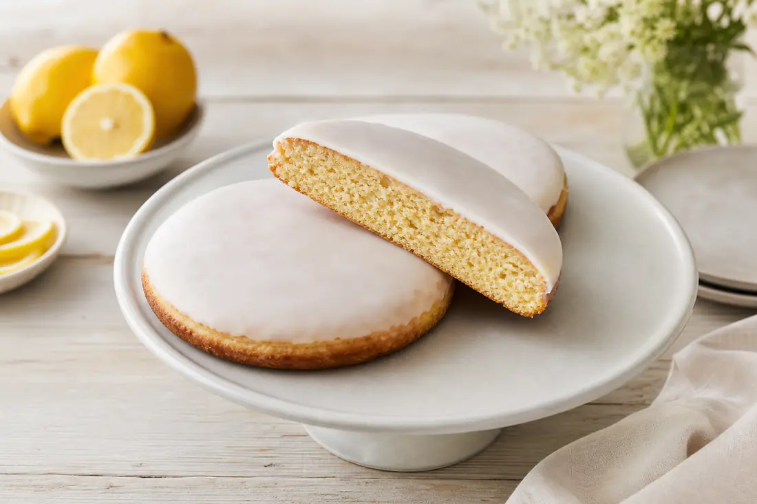 Drei große, runde, flache Amerikaner mit glatter weißer Zitronenglasur auf einer Kuchenplatte, einer halbiert