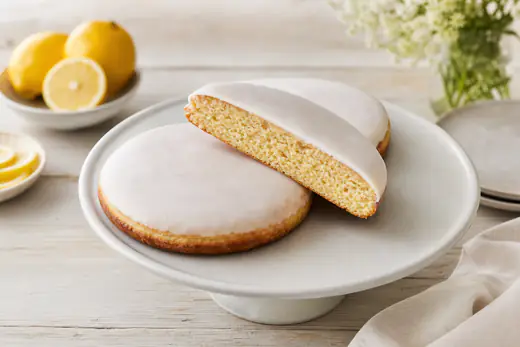 Drei große, runde, flache Amerikaner mit glatter weißer Zitronenglasur auf einer Kuchenplatte, einer halbiert