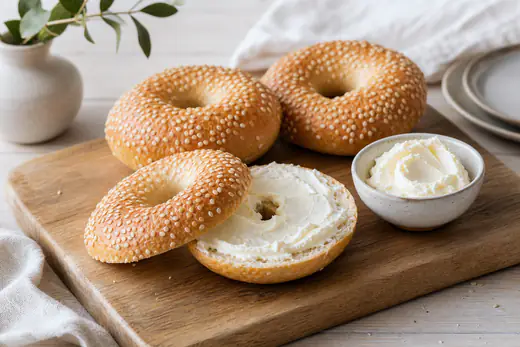 Drei goldbraune Sesam-Bagels auf einem Holzbrett, einer halbiert und mit Frischkäse bestrichen, daneben ein Schälchen Frischkäse