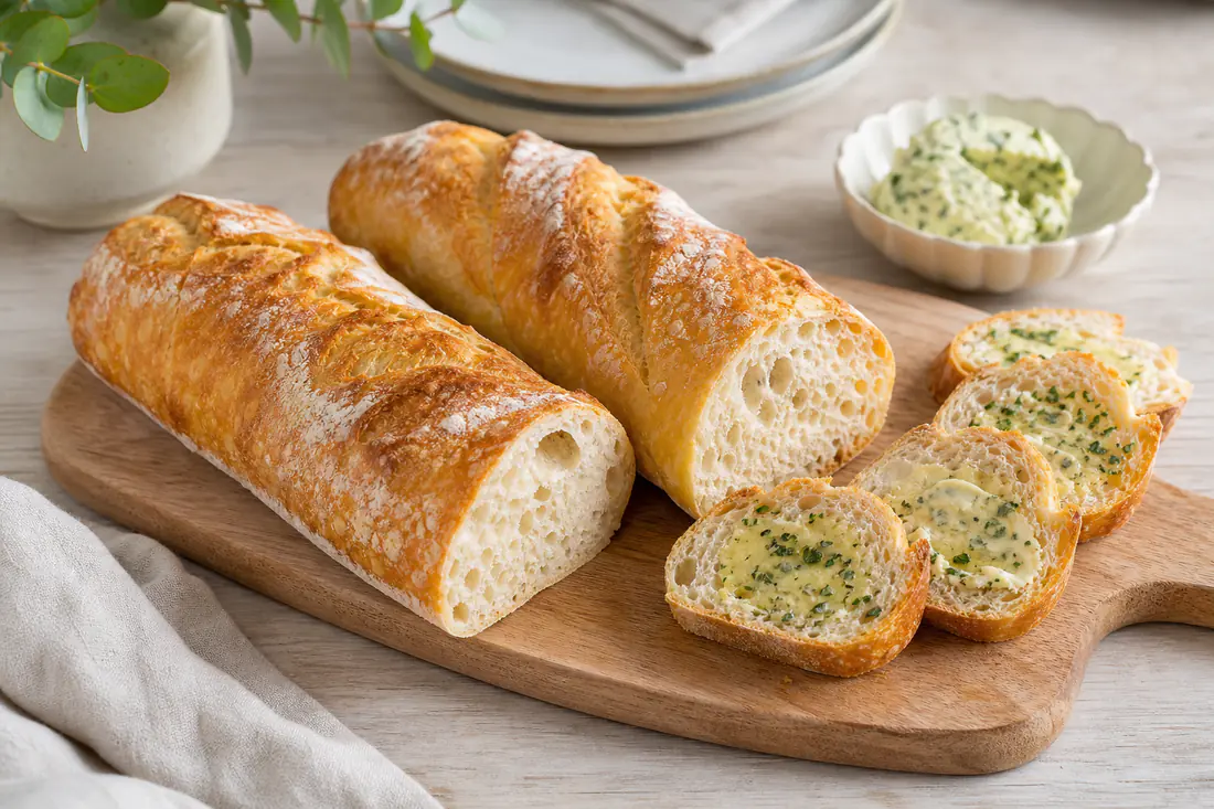 Halbiertes goldbraunes Baguette mit knuspriger Kruste und Kräuterbaguette-Scheiben auf einem Holzbrett