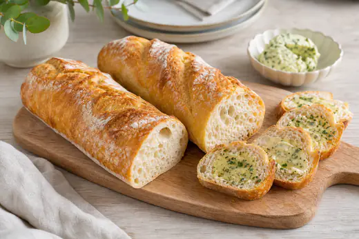 Halbiertes goldbraunes Baguette mit knuspriger Kruste und Kräuterbaguette-Scheiben auf einem Holzbrett