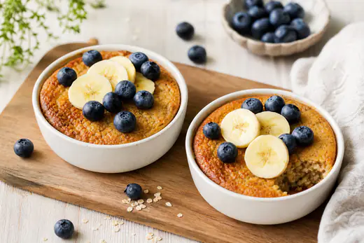 Zwei Förmchen mit goldbraunen Baked Oats, belegt mit Blaubeeren und Bananenscheiben, auf einem Holzbrett