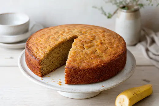 Runder Bananenkuchen mit goldbrauner Kruste, ein Stück angeschnitten, auf einem Kuchenteller mit einer halben reifen Banane