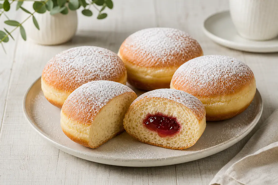 Runde Berliner mit Puderzucker bestäubt, einer aufgeschnitten mit roter Marmeladenfüllung, auf einem Teller