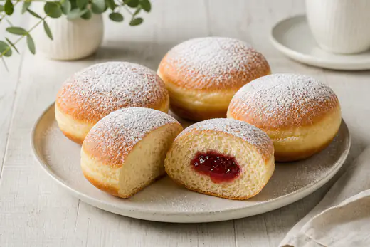 Runde Berliner mit Puderzucker bestäubt, einer aufgeschnitten mit roter Marmeladenfüllung, auf einem Teller