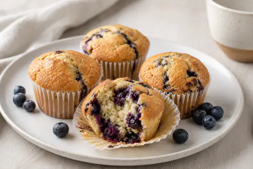Vier goldbraune Blaubeermuffins in Papierförmchen auf einem Teller, einer aufgerissen, daneben frische Blaubeeren