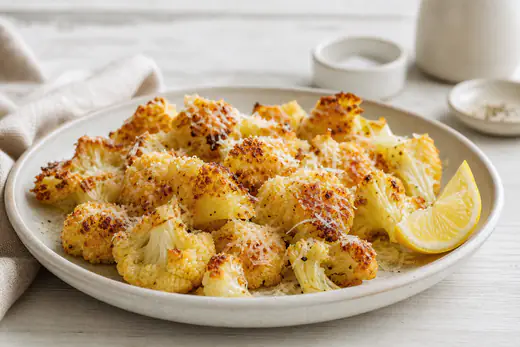 Gerösteter Blumenkohl mit goldbraunen Rändern und geschmolzenem, knusprigem Parmesan auf einem Teller, mit kleiner Zitronenspalte