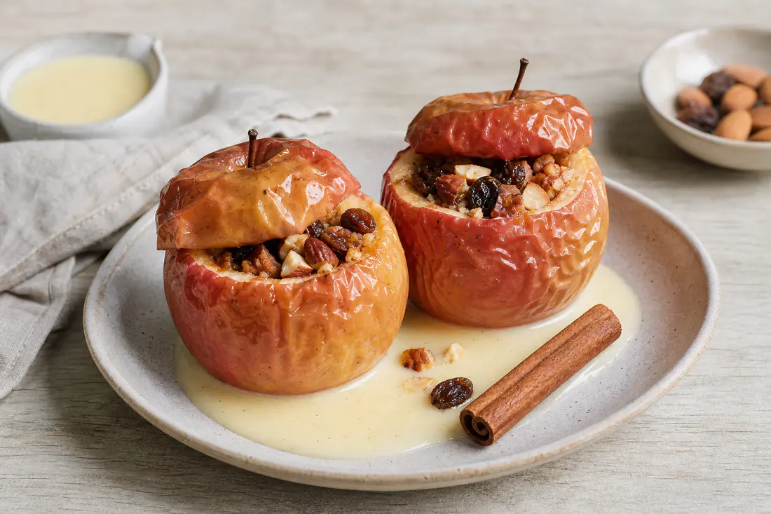 Zwei gebackene Bratäpfel mit Rosinen-Mandel-Füllung und Zimt, mit Vanillesauce auf einem Teller