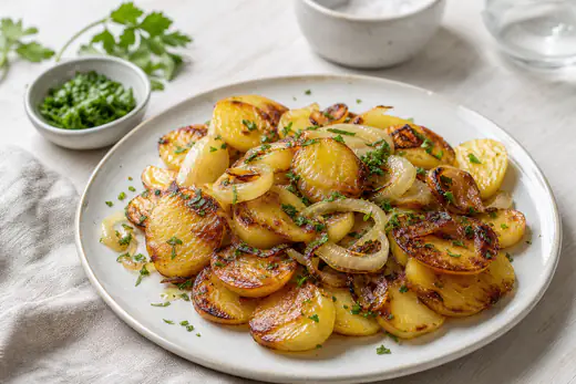 Goldbraune knusprige Bratkartoffelscheiben mit karamellisierten Zwiebelringen und gehackter Petersilie auf einem flachen Teller