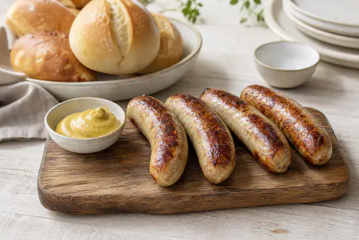 Vier goldbraune Bratwürste mit knuspriger Haut auf einem Holzbrett, daneben ein Schälchen Senf und Brötchen