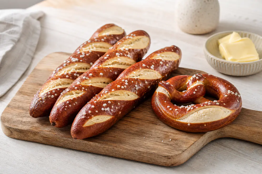 Frisch aufgebackene Laugenstangen und eine Brezel mit glänzend brauner Kruste und groben Salzkörnern auf einem Holzbrett
