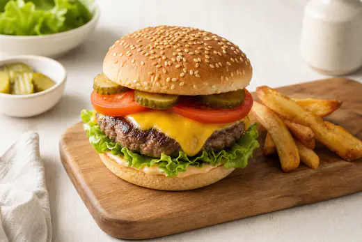 Cheeseburger mit dickem Rindfleisch-Patty, Cheddar, Salat, Tomate und Gurken im Sesambrötchen auf einem Holzbrett, mit etwas Pommes
