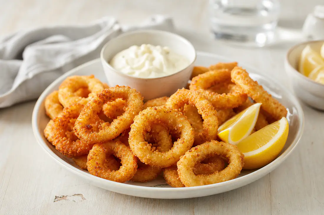 Goldbraun panierte Calamari-Ringe auf einem Teller mit Zitronenspalten und einem kleinen Schälchen Knoblauchmayonnaise