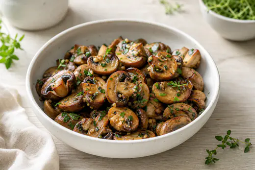 Halbierte goldbraun geröstete Champignons mit Knoblauch, Thymian und gehackter Petersilie in einer weißen Schüssel