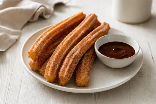 Mehrere geriffelte, in Zimtzucker gewälzte Churros auf einem Teller, daneben eine Schale mit dunkler Schokoladensauce