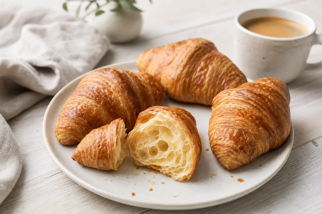 Vier goldbraune, blättrige Croissants auf einem Teller, eines aufgebrochen, daneben eine Tasse Kaffee