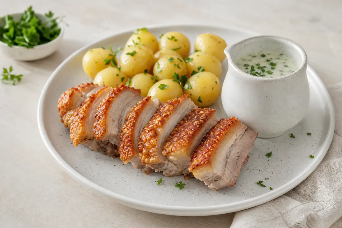 Dänisches Essen mit knusprigem Schweinebauch, kleinen Salzkartoffeln und Petersiliensoße
