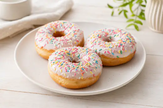 Drei runde gebackene Hefe-Donuts mit Loch, mit weißem Zuckerguss und bunten Streuseln, auf einem Teller