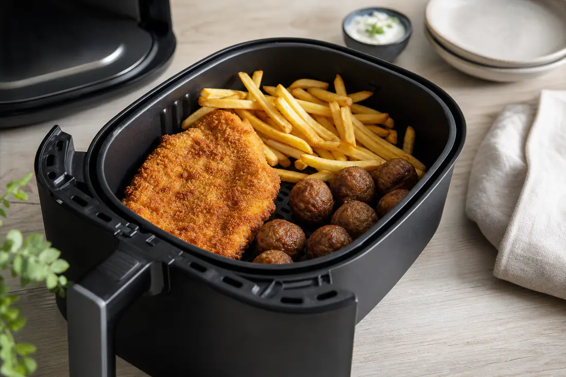 Aufgewärmtes Schnitzel, Pommes und Frikadellen knusprig im geöffneten Airfryer-Korb