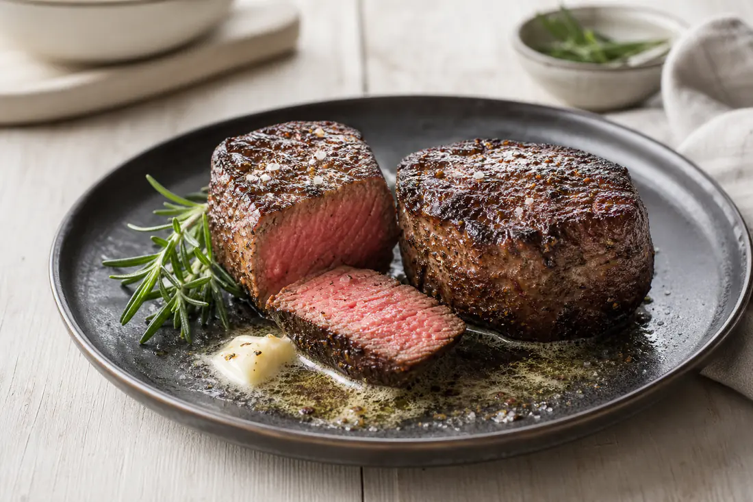 Zwei dicke Rinderfiletsteaks, außen dunkel gebraten und innen rosa, eines aufgeschnitten, mit Rosmarin und Butter auf einem dunklen Teller