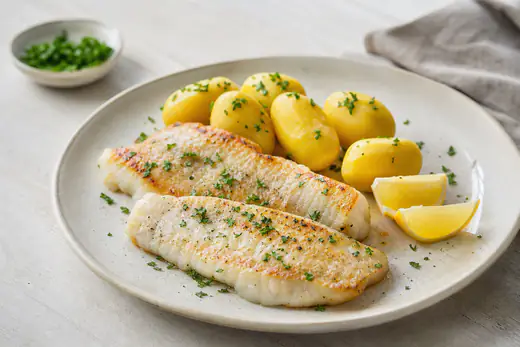 Zwei gegarte weiße Fischfilets (Seelachs und Zander) mit leicht goldener Oberfläche, dazu Zitronenspalten, Petersilie und Salzkartoffeln