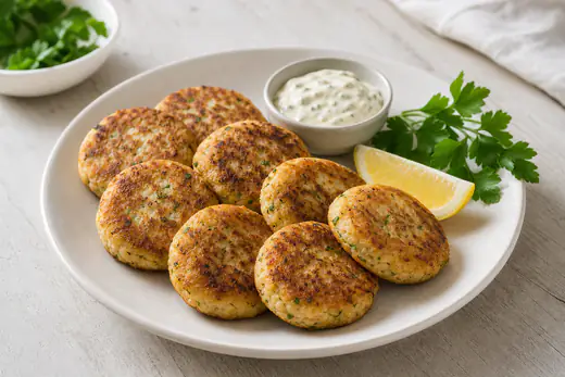 Acht runde goldbraune Fischfrikadellen auf einem Teller mit Zitronenspalte, Remoulade und frischer Petersilie