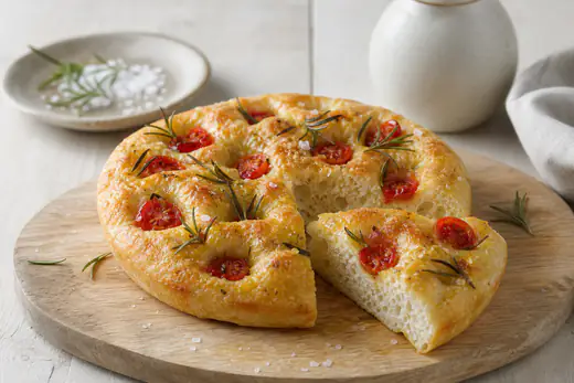 Runde goldbraune Focaccia mit Mulden, Rosmarin, Cherrytomaten und Meersalzflocken auf einem Holzbrett