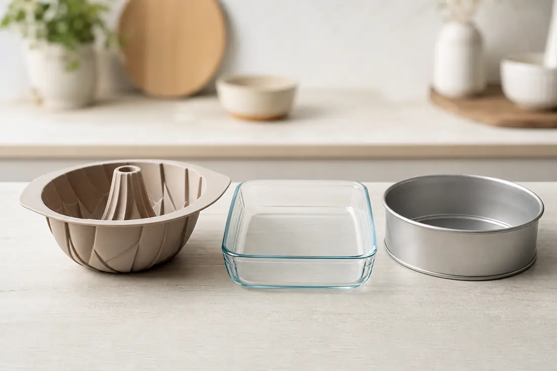 Silikonform, kleine Auflaufform aus Glas und runde Metall-Backform nebeneinander auf einer Arbeitsplatte