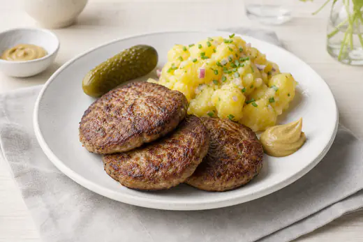 Drei flache goldbraune Frikadellen auf einem weißen Teller mit Kartoffelsalat, Senf und einer Gewürzgurke