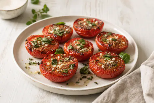 Gegrillte Tomatenhälften mit der Schnittfläche nach oben, leicht gebräunt, mit Oregano, Knoblauch und Basilikum auf einem Teller