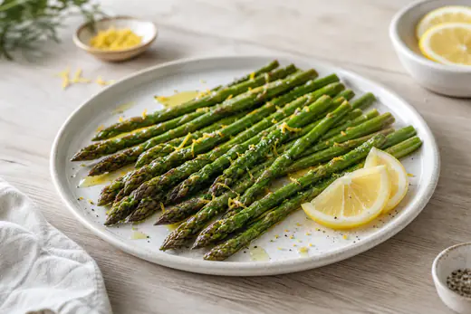 Gerösteter grüner Spargel mit leicht gebräunten Spitzen, mit Olivenöl und Zitronenabrieb, auf einem weißen Teller mit Zitronenscheiben