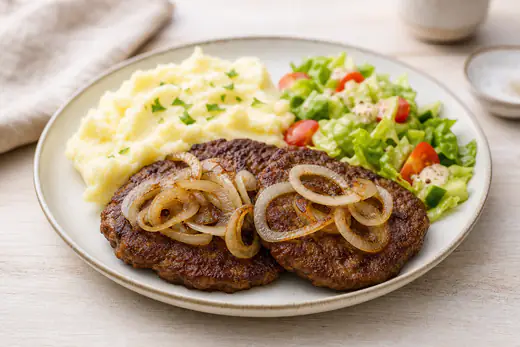 Zwei flache runde gebräunte Hacksteaks mit Zwiebelringen, dazu Kartoffelpüree und Salat auf einem Teller