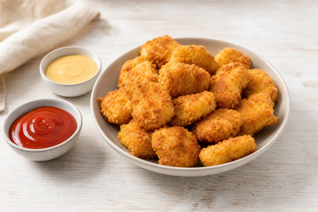 Goldgelbe knusprige Hähnchennuggets in einer Schüssel, dazu kleine Schälchen mit Ketchup und Honigsenf-Dip