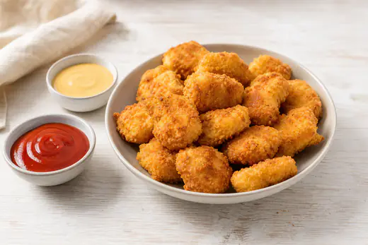 Goldgelbe knusprige Hähnchennuggets in einer Schüssel, dazu kleine Schälchen mit Ketchup und Honigsenf-Dip