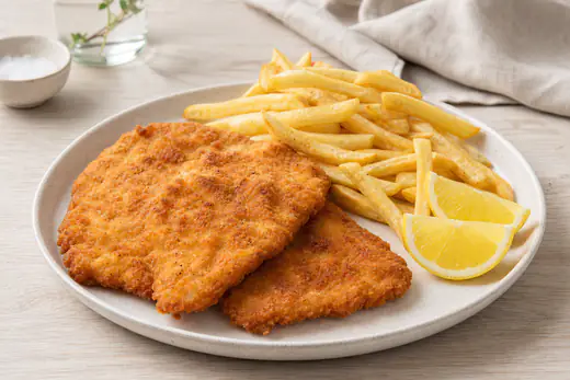 Zwei dünne panierte Hähnchenschnitzel mit goldener Kruste, dazu Zitronenspalten und Pommes auf einem Teller