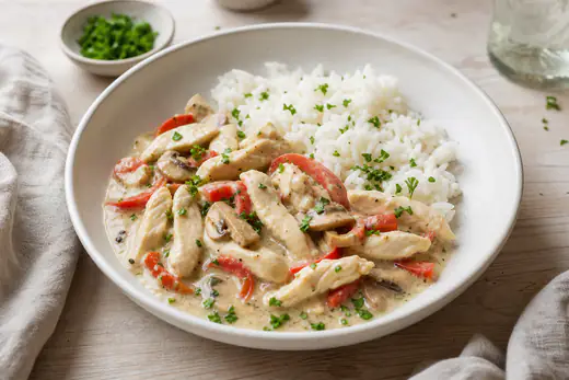 Hähnchengeschnetzeltes mit roter Paprika und Champignons in heller Sahnesauce, in einer Schüssel neben Reis, mit Petersilie
