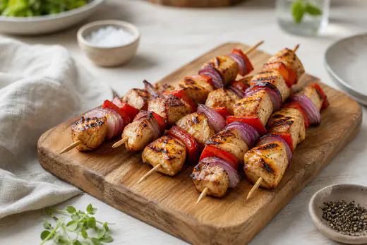 Hähnchenspieße mit Hähnchenstücken, roter Paprika und roten Zwiebeln auf kurzen Holzspießen, auf einem Holzbrett