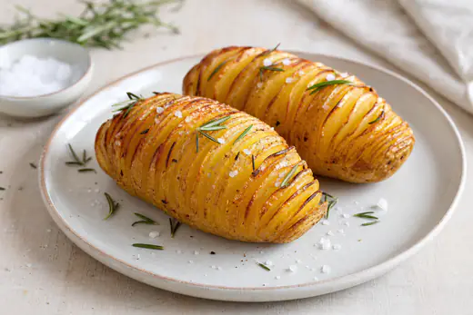Zwei Hasselback-Kartoffeln mit fächerförmig eingeschnittenen, goldbraun knusprigen Rändern, mit Rosmarin und Meersalz auf einem Teller