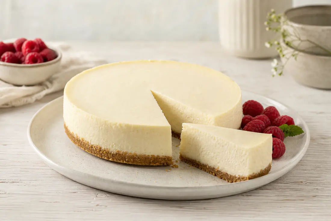 Runder Käsekuchen mit Keksboden und heller cremiger Füllung, ein Stück auf dem Kuchenteller, daneben frische Himbeeren