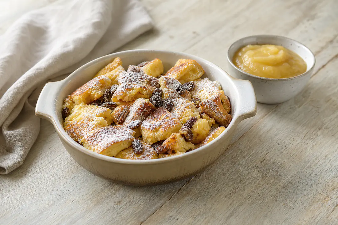 Zerrissener goldgelber Kaiserschmarrn mit Rosinen und Puderzucker in einer kleinen Form, daneben Apfelmus