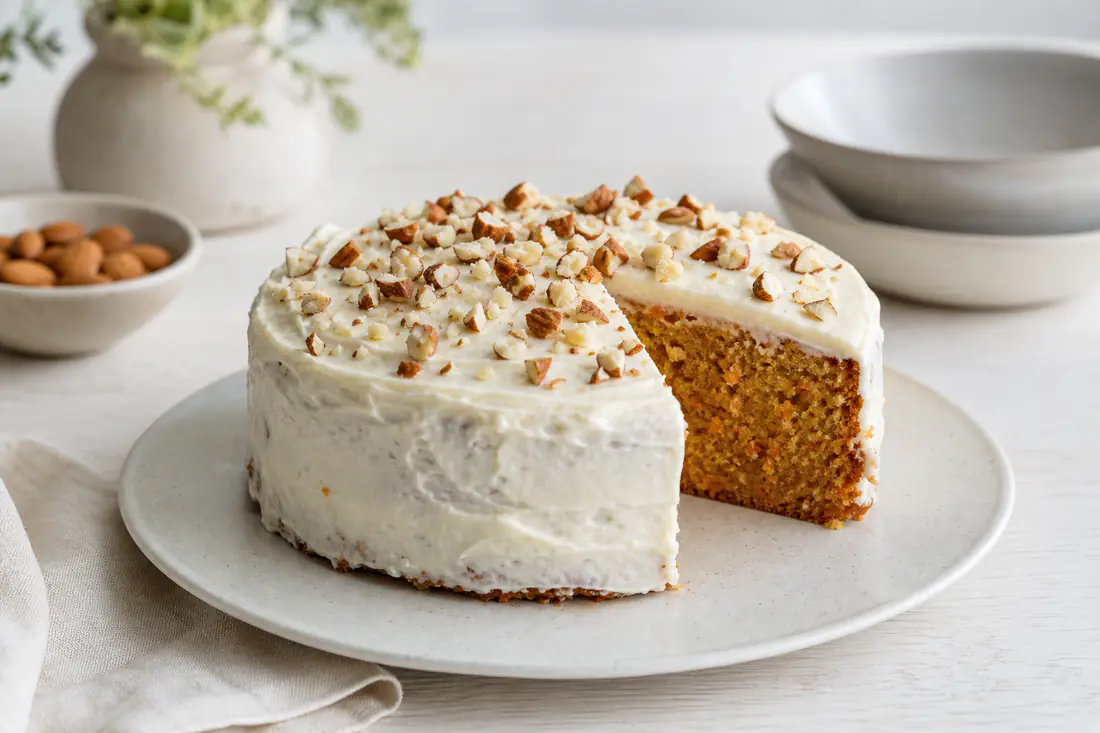 Runder Karottenkuchen mit Frischkäse-Topping und gehackten Mandeln, ein Stück angeschnitten, auf einem Kuchenteller