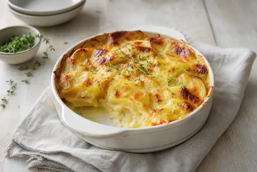 Kleine runde Auflaufform mit goldbraun überbackenem Kartoffelgratin, Käsekruste und Thymian, eine Portion herausgenommen