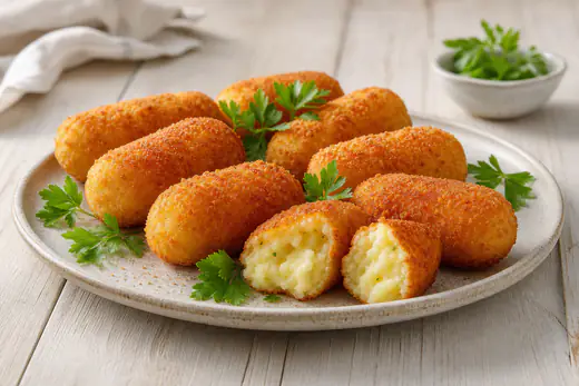 Mehrere goldbraune knusprige Kartoffelkroketten, eine aufgebrochen mit cremiger Füllung, auf einem Teller mit Petersilie