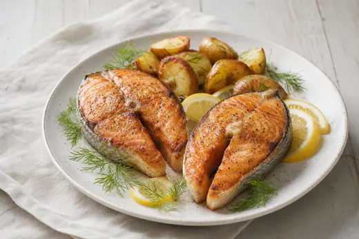 Zwei goldbraune Lachssteaks mit Mittelgräte und Haut auf einem Teller mit Zitronenscheiben, frischem Dill und Ofenkartoffeln