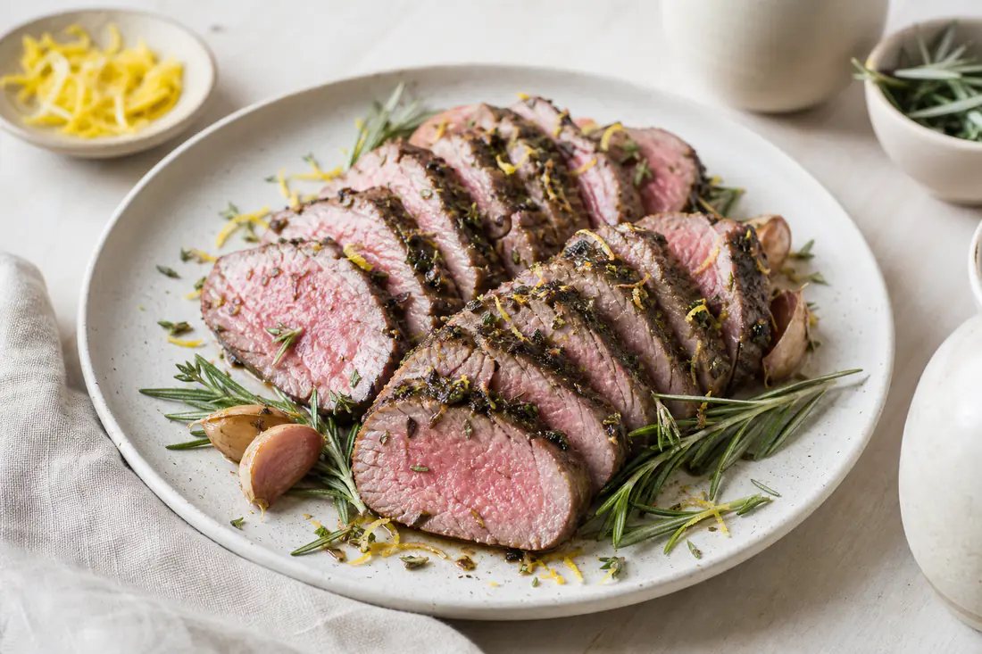 Aufgeschnittenes rosa gebratenes Lammfilet mit Kräuterkruste, fächerförmig auf einem Teller mit Rosmarin, Knoblauch und Zitronenabrieb