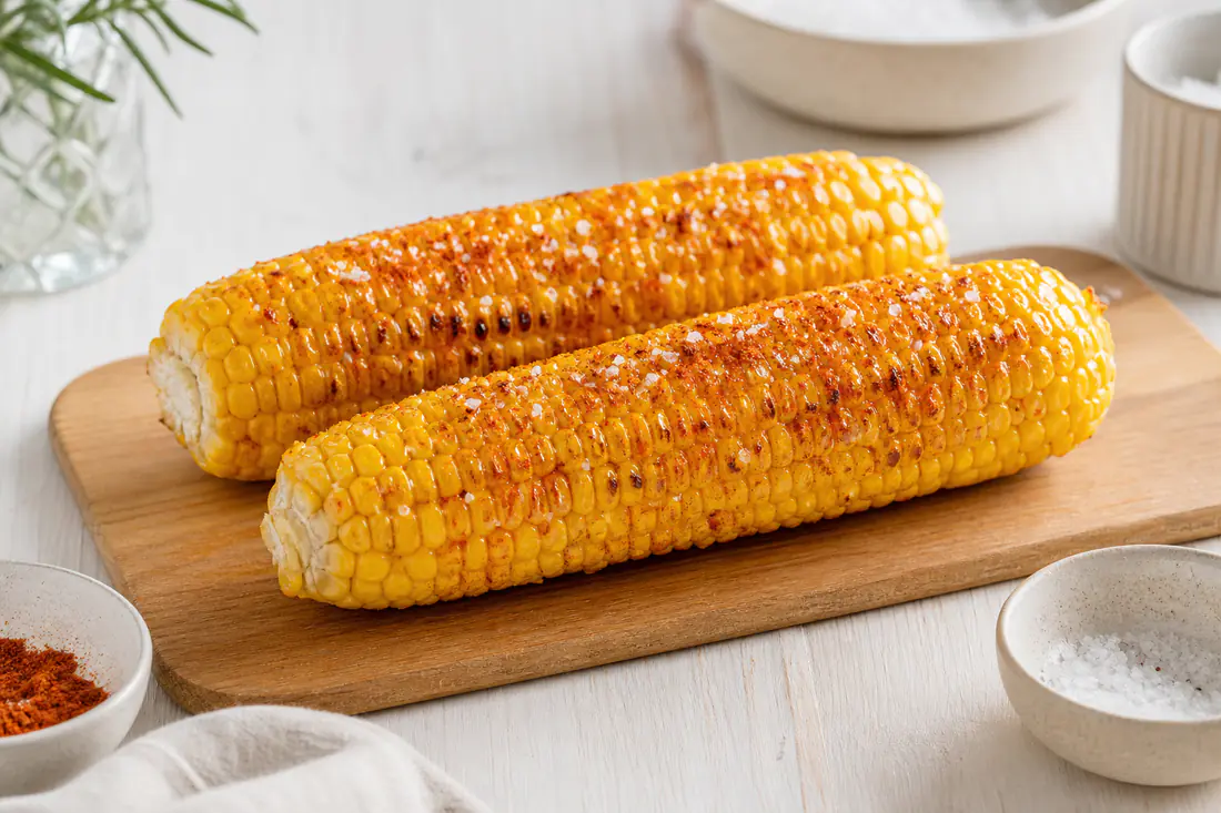 Zwei Maiskolben mit goldenen Körnern und gerösteten Stellen, mit Butter bestrichen und mit Salz und Paprika bestreut, auf einem Holzbrett